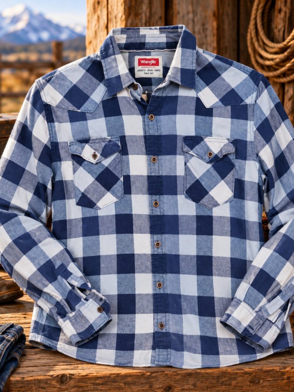 Wrangler Mens L Blue White Buffalo Plaid Western Flannel Shirt Workwear Cowboy